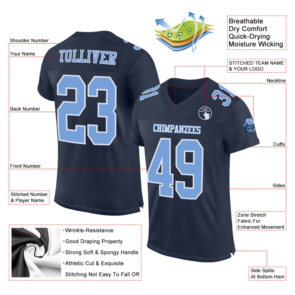Custom Navy Light Blue-White Mesh Authentic Football Jersey - Sky-Custom