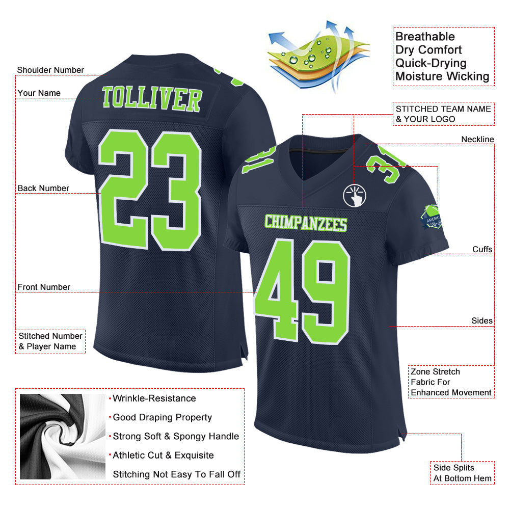 Custom Navy Neon Green-White Mesh Authentic Football Jersey - Sky-Custom