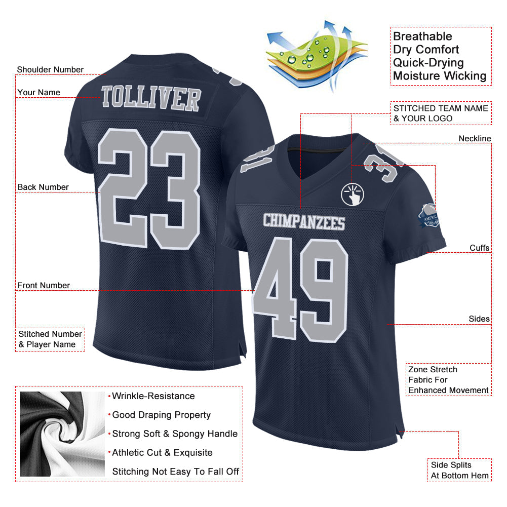 Custom Navy Gray-White Mesh Authentic Football Jersey - Sky-Custom