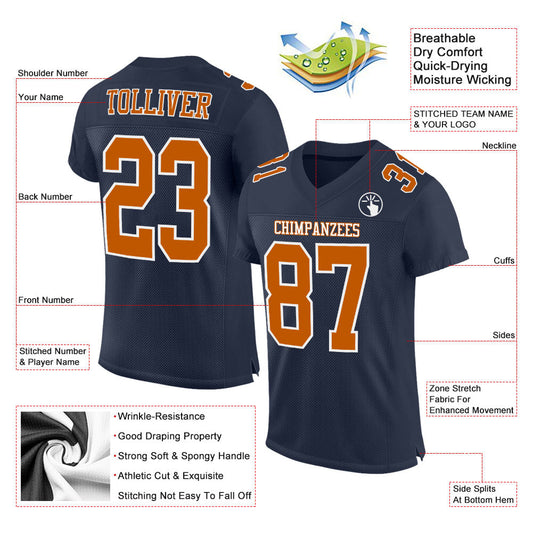 Custom Navy Texas Orange-White Mesh Authentic Football Jersey - Sky-Custom