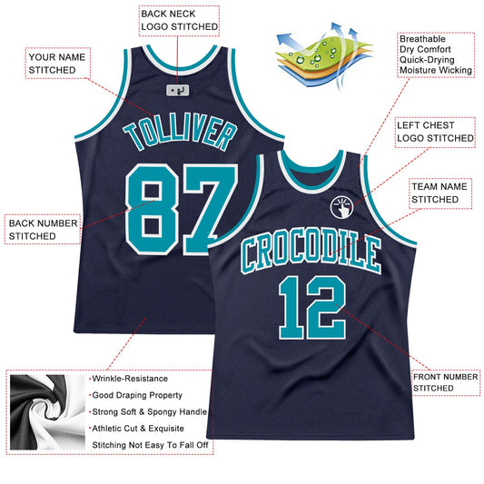 Custom Navy Teal-White Authentic Throwback Basketball Jersey - Sky-Custom