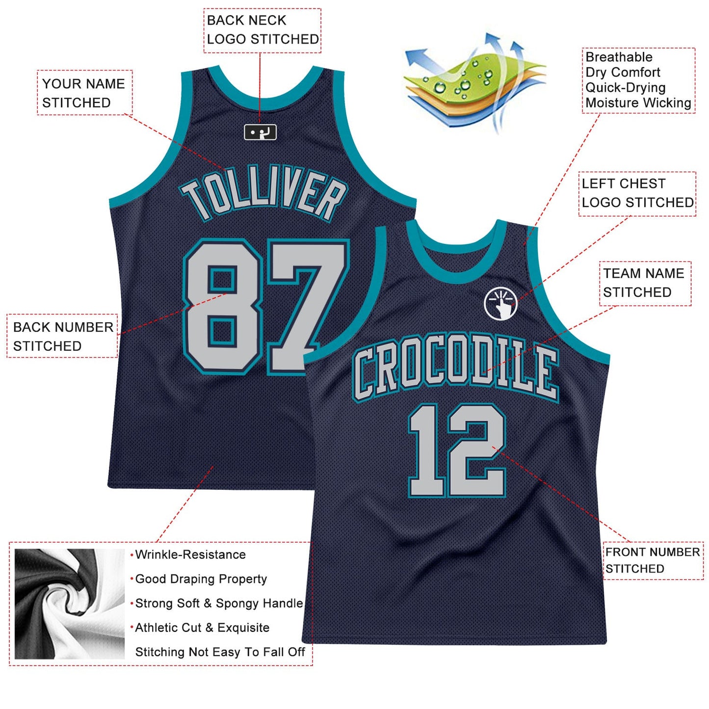 Custom Navy Gray-Teal Authentic Throwback Basketball Jersey - Sky-Custom