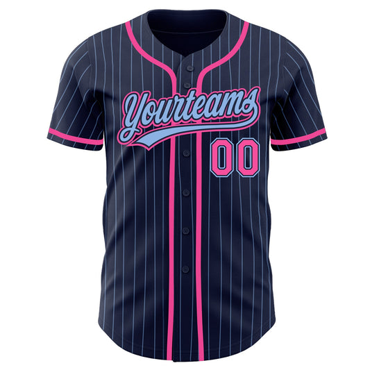 Custom Navy Light Blue Pinstripe Pink Authentic Baseball Jersey - Sky-Custom