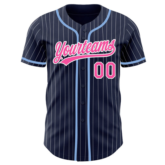 Custom Navy White Pinstripe Pink Authentic Baseball Jersey - Sky-Custom