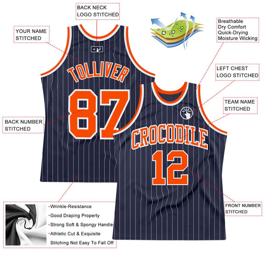 Custom Navy White Pinstripe Orange Authentic Basketball Jersey - Sky-Custom