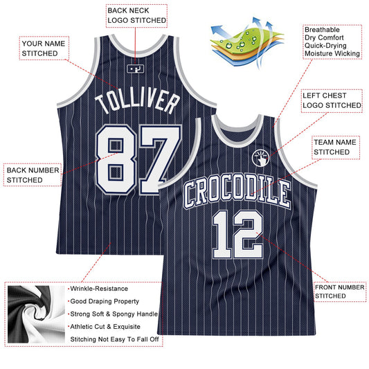 Custom Navy White Pinstripe White-Gray Authentic Basketball Jersey - Sky-Custom