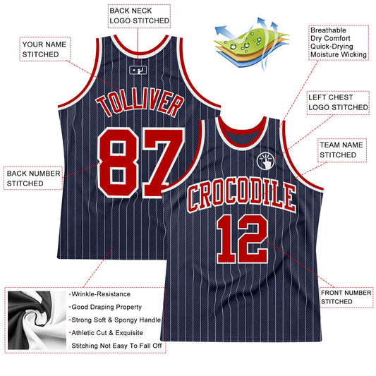 Custom Navy White Pinstripe Red Authentic Basketball Jersey - Sky-Custom