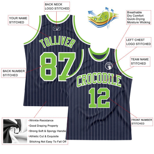 Custom Navy White Pinstripe Neon Green Authentic Basketball Jersey - Sky-Custom