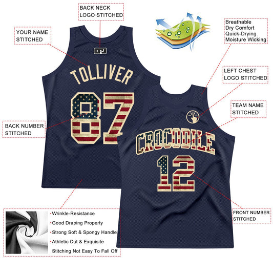 Custom Navy Vintage USA Flag-City Cream Authentic Throwback Basketball Jersey - Sky-Custom