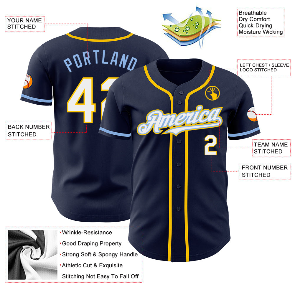 Custom Navy White Yellow-Light Blue Authentic Baseball Jersey - Sky-Custom