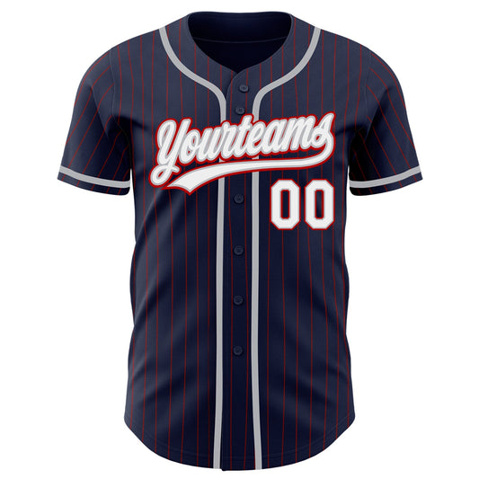 Custom Navy Red Pinstripe White-Gray Authentic Baseball Jersey - Sky-Custom