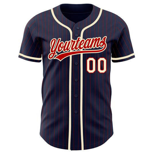 Custom Navy Red Pinstripe Cream Authentic Baseball Jersey - Sky-Custom