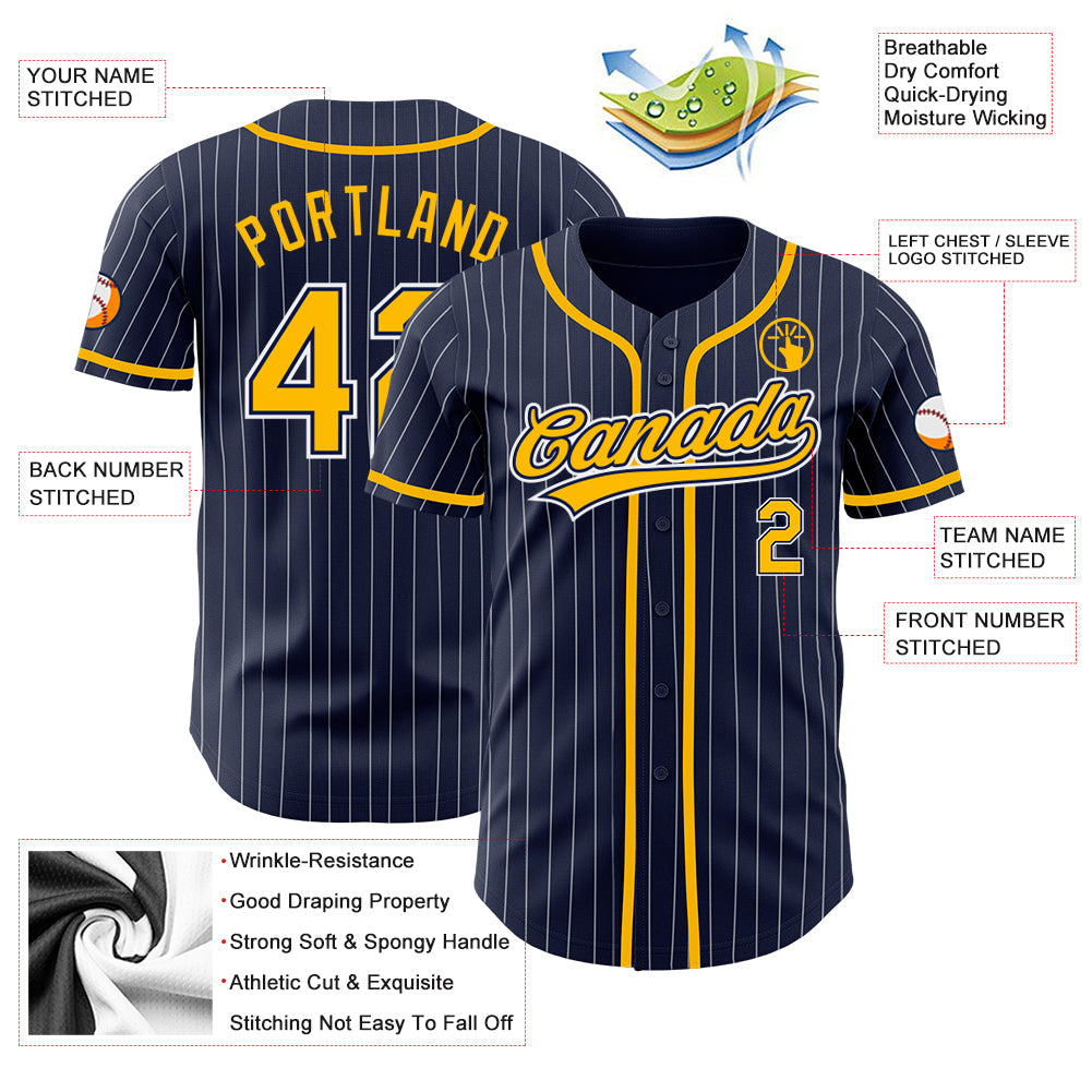 Custom Navy White Pinstripe Gold Authentic Baseball Jersey - Sky-Custom