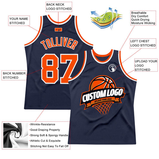 Custom Navy Orange-White Authentic Throwback Basketball Jersey - Sky-Custom