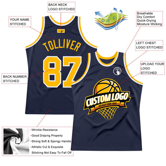 Custom Navy Gold-White Authentic Throwback Basketball Jersey - Sky-Custom
