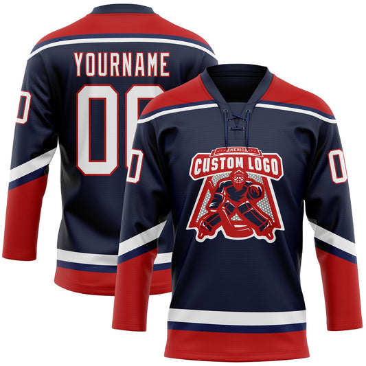 Custom Navy White-Red Hockey Lace Neck Jersey - Sky-Custom