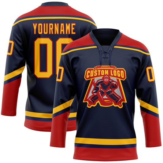 Custom Navy Gold-Red Hockey Lace Neck Jersey - Sky-Custom