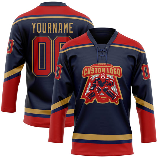 Custom Navy Red-Old Gold Hockey Lace Neck Jersey - Sky-Custom