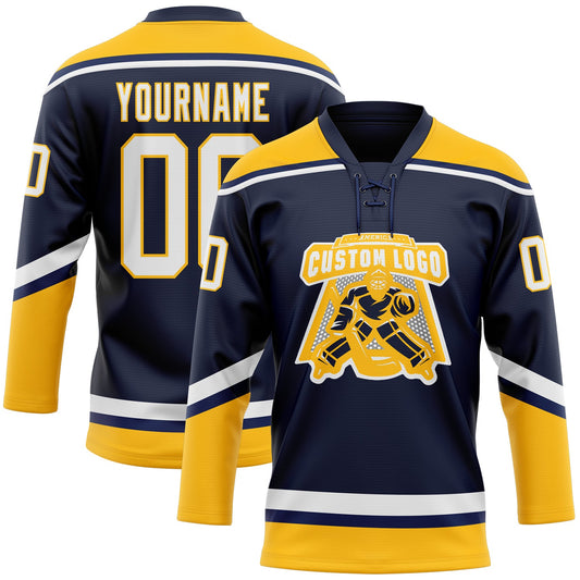 Custom Navy White-Gold Hockey Lace Neck Jersey - Sky-Custom