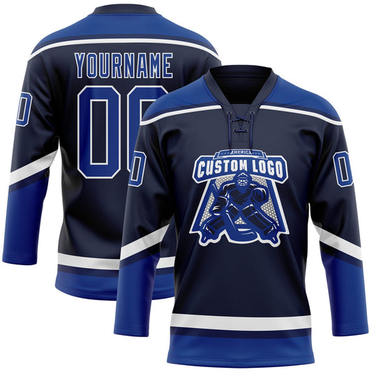 Custom Navy Royal-White Hockey Lace Neck Jersey - Sky-Custom
