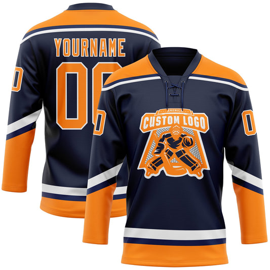 Custom Navy Bay Orange-White Hockey Lace Neck Jersey - Sky-Custom