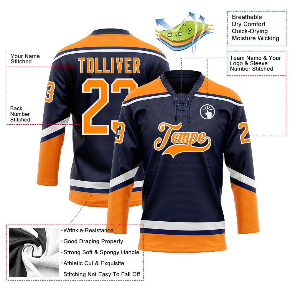 Custom Navy Bay Orange-White Hockey Lace Neck Jersey - Sky-Custom