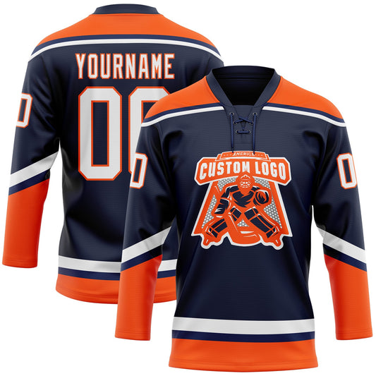 Custom Navy White-Orange Hockey Lace Neck Jersey - Sky-Custom