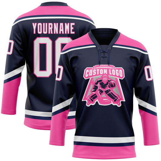 Custom Navy White-Pink Hockey Lace Neck Jersey - Sky-Custom