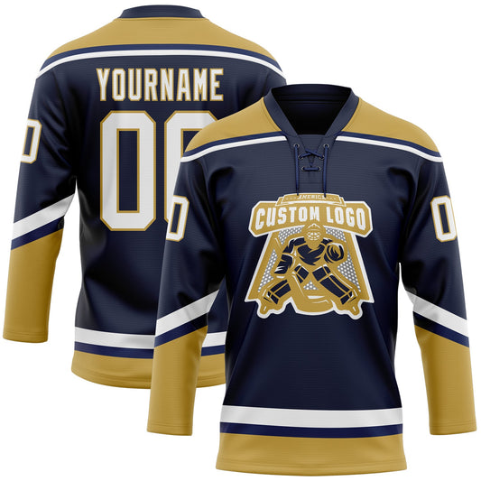 Custom Navy White-Old Gold Hockey Lace Neck Jersey - Sky-Custom