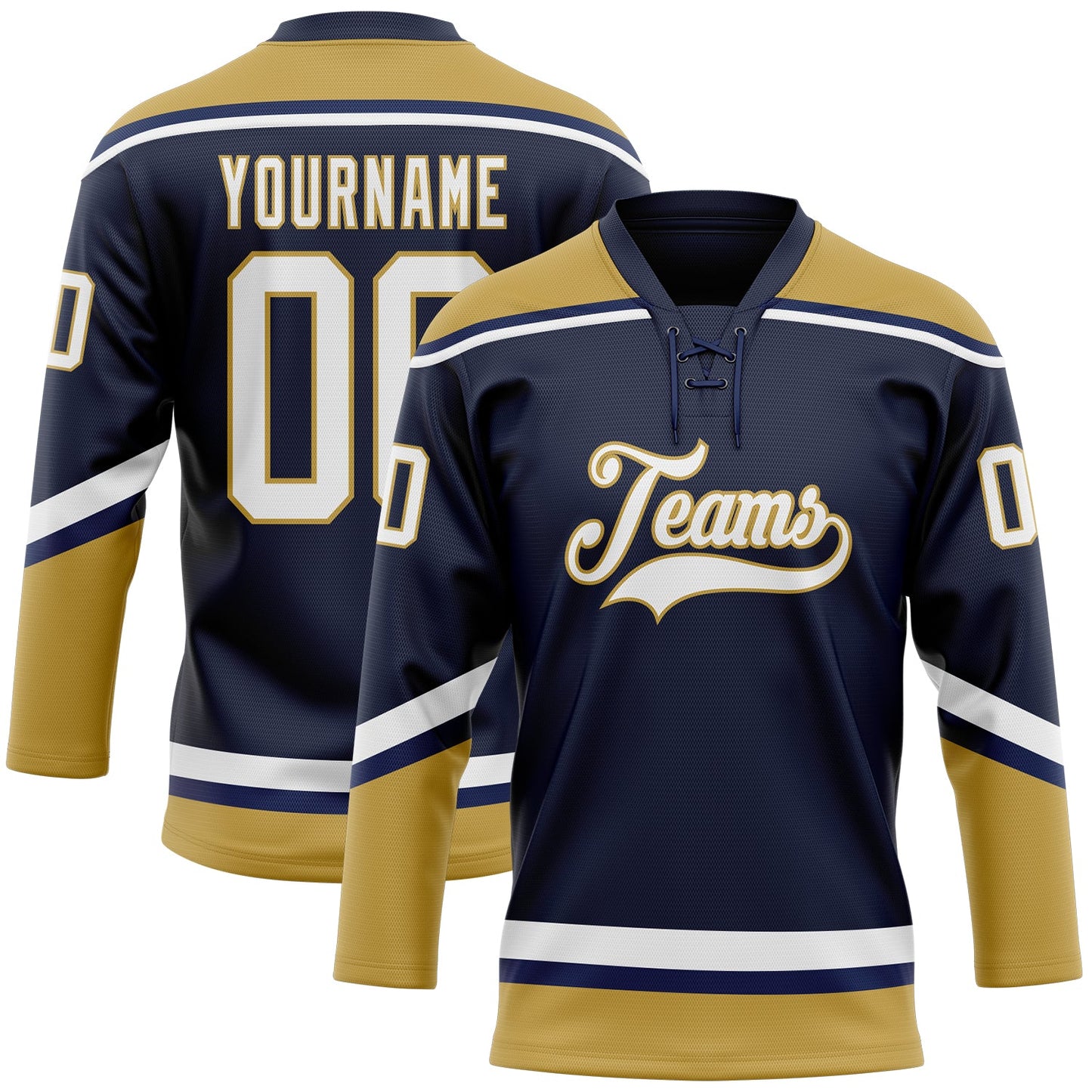 Custom Navy White-Old Gold Hockey Lace Neck Jersey - Sky-Custom