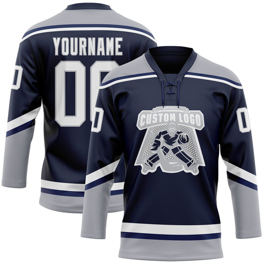Custom Navy White-Gray Hockey Lace Neck Jersey - Sky-Custom