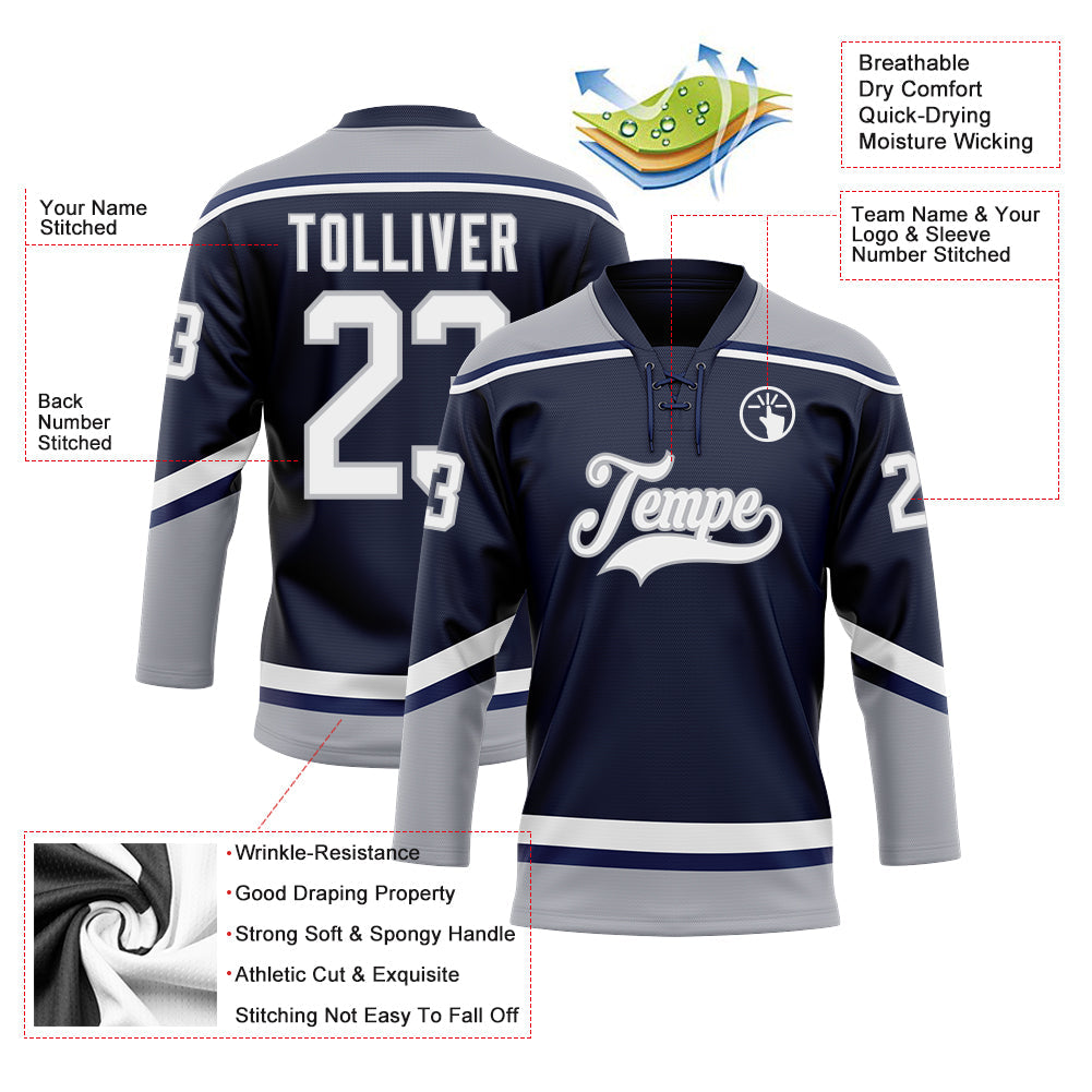 Custom Navy White-Gray Hockey Lace Neck Jersey - Sky-Custom