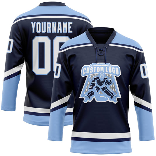 Custom Navy White-Light Blue Hockey Lace Neck Jersey - Sky-Custom