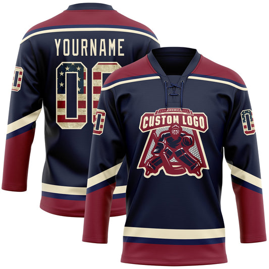 Custom Navy Vintage USA Flag Crimson-Cream Hockey Lace Neck Jersey - Sky-Custom
