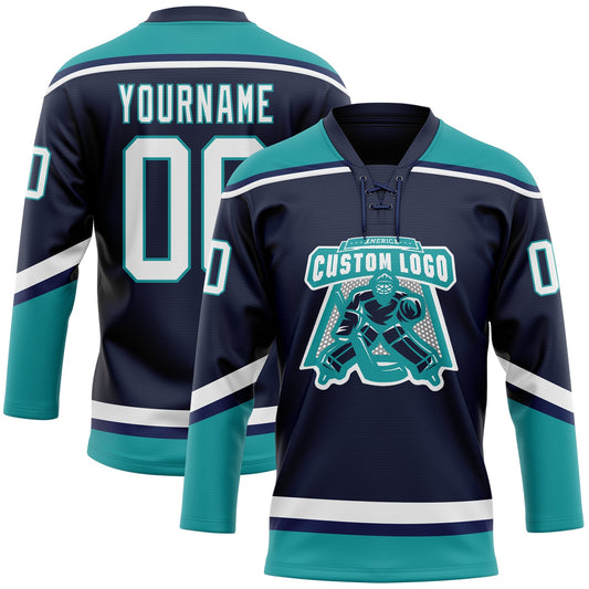 Custom Navy White-Teal Hockey Lace Neck Jersey - Sky-Custom