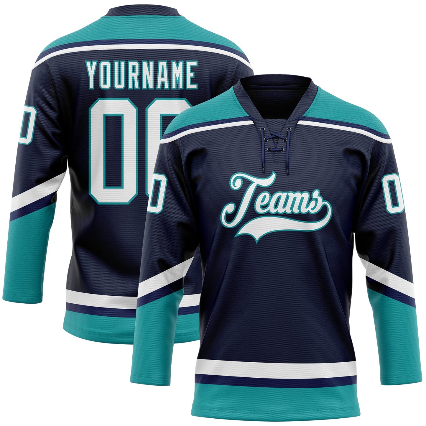 Custom Navy White-Teal Hockey Lace Neck Jersey - Sky-Custom