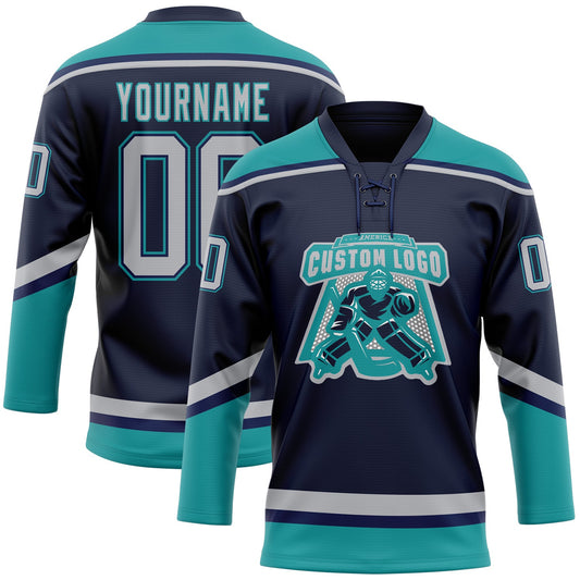 Custom Navy Gray-Teal Hockey Lace Neck Jersey - Sky-Custom