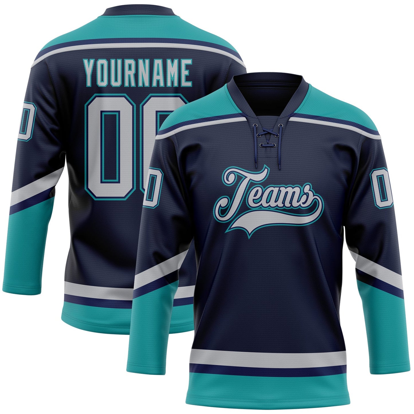 Custom Navy Gray-Teal Hockey Lace Neck Jersey - Sky-Custom