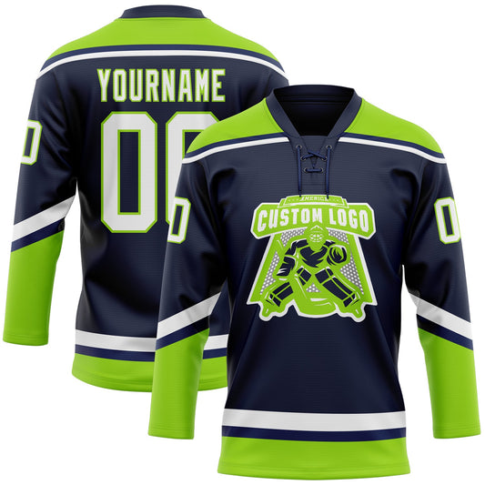 Custom Navy White-Neon Green Hockey Lace Neck Jersey - Sky-Custom