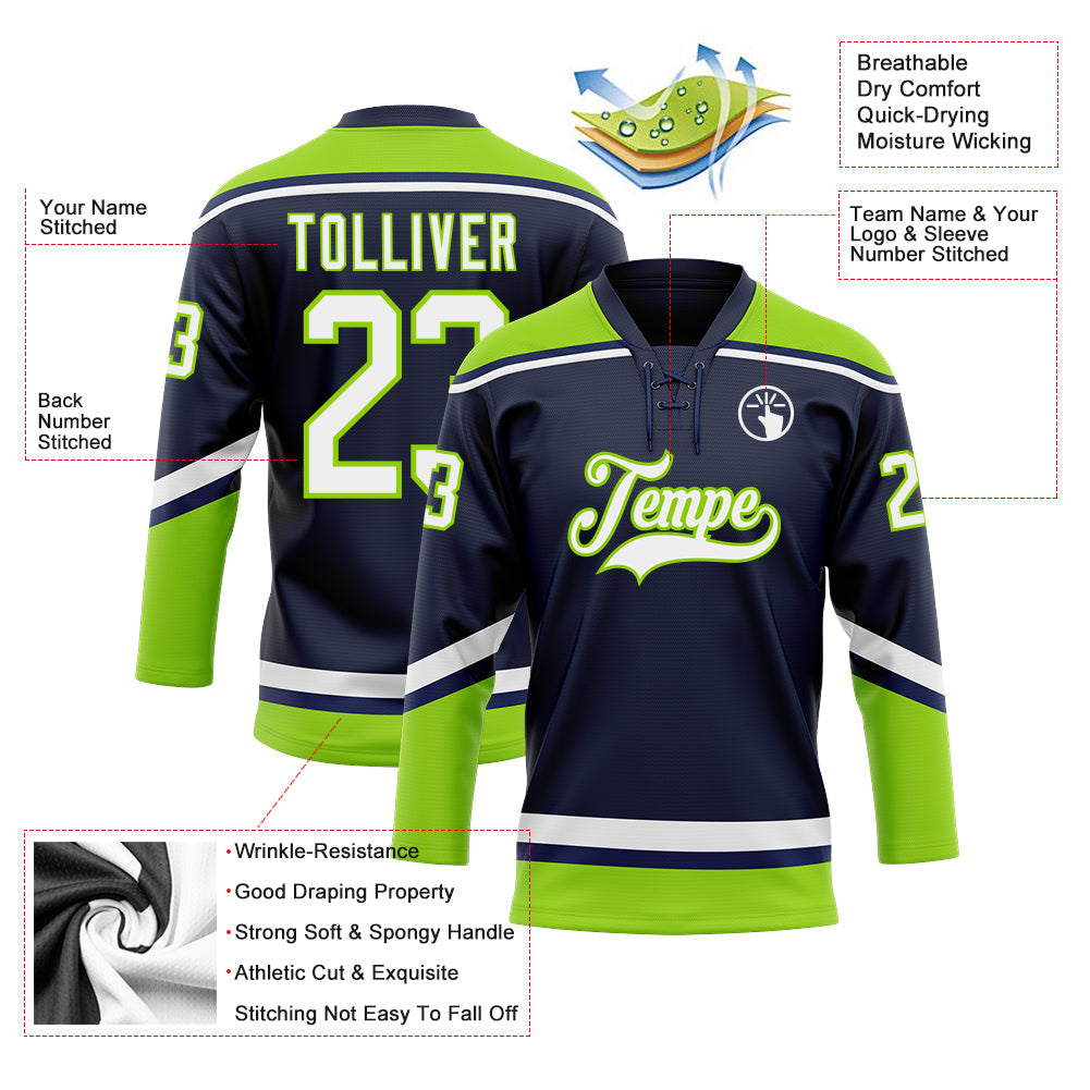 Custom Navy White-Neon Green Hockey Lace Neck Jersey - Sky-Custom