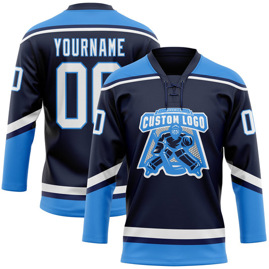 Custom Navy White-Powder Blue Hockey Lace Neck Jersey - Sky-Custom