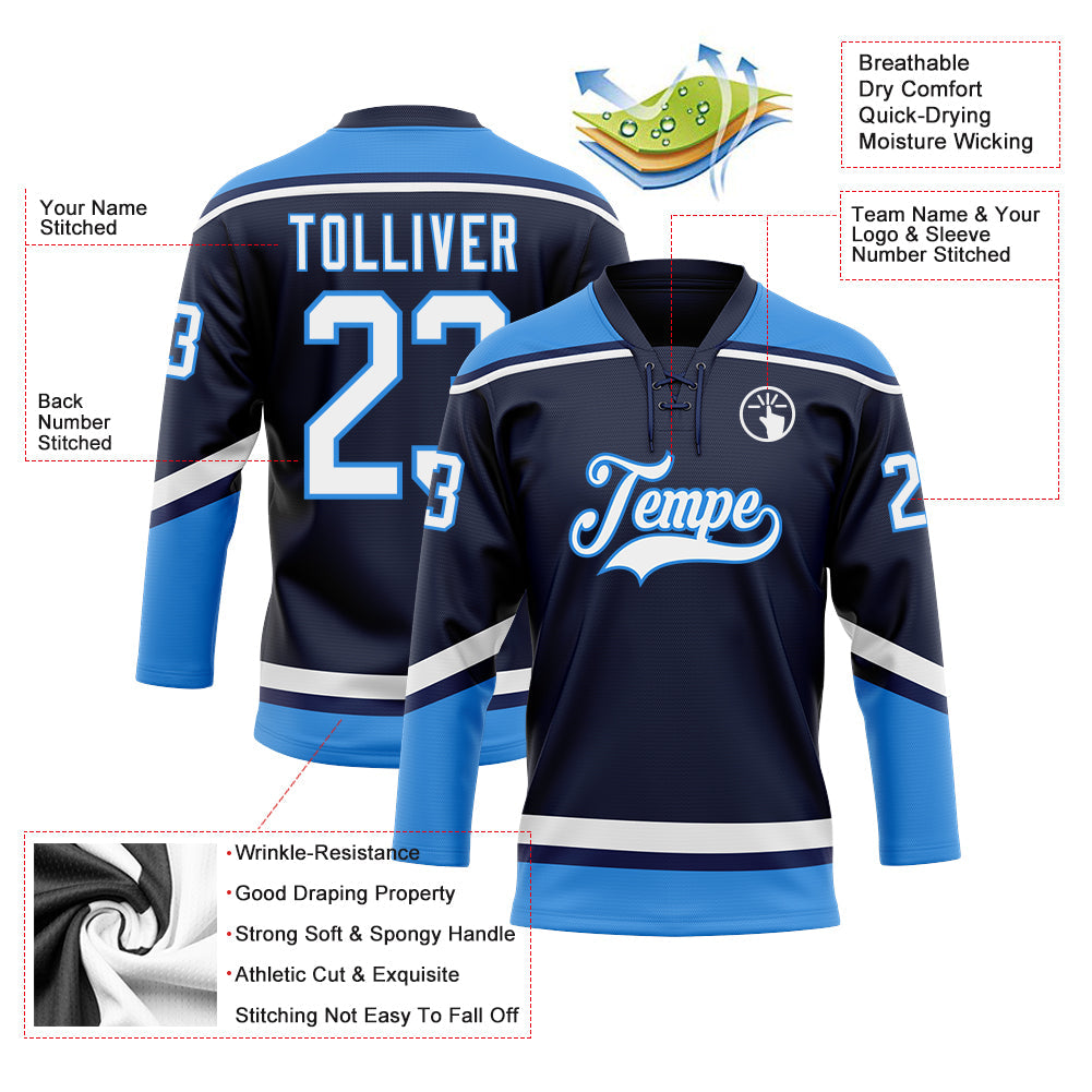 Custom Navy White-Powder Blue Hockey Lace Neck Jersey - Sky-Custom
