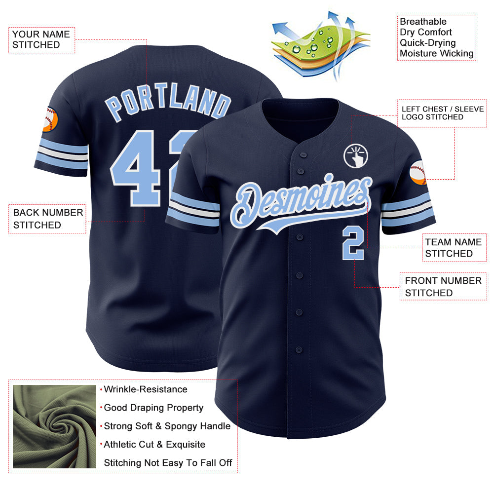 Custom Navy Light Blue-White Authentic Baseball Jersey - Sky-Custom