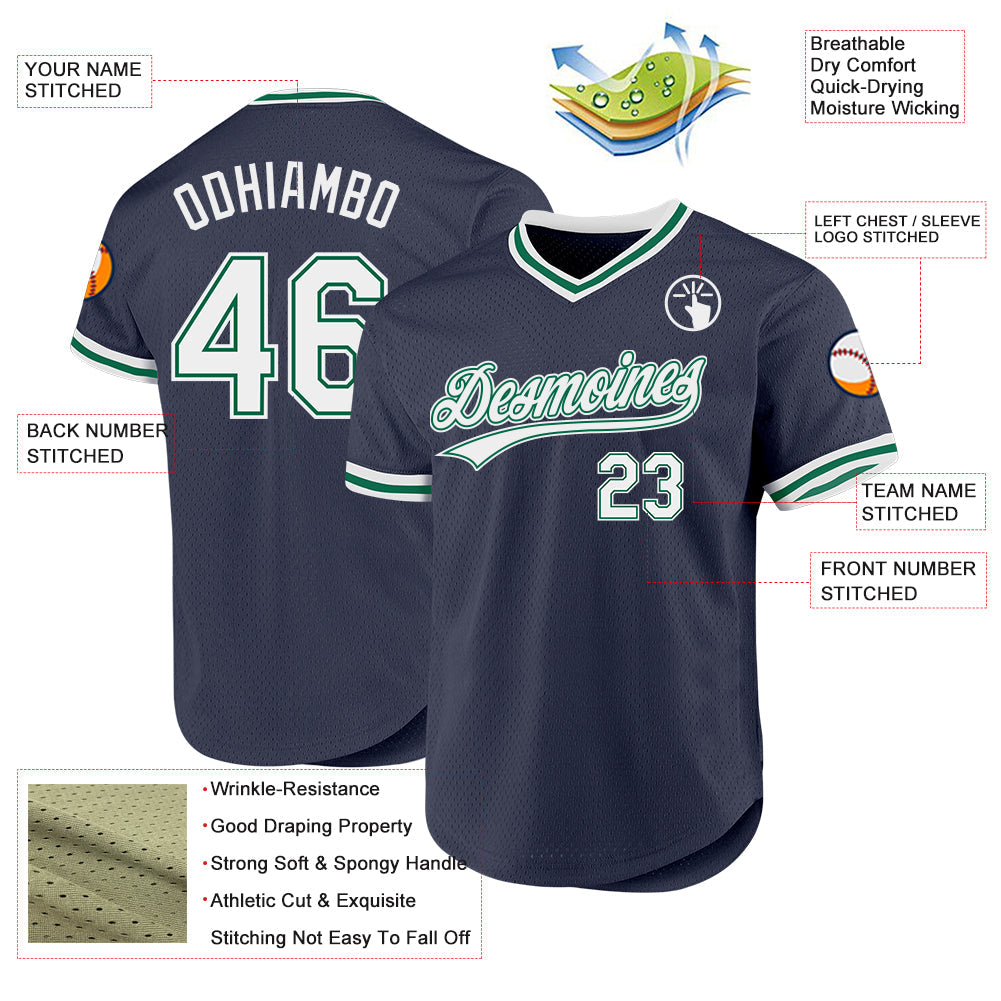 Custom Navy White-Kelly Green Authentic Throwback Baseball Jersey - Sky-Custom