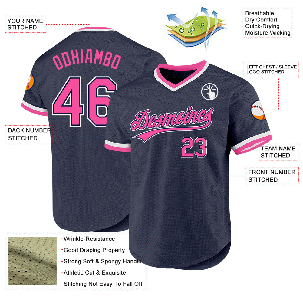 Custom Navy Pink-White Authentic Throwback Baseball Jersey - Sky-Custom
