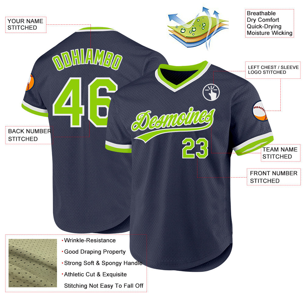 Custom Navy Neon Green-White Authentic Throwback Baseball Jersey - Sky-Custom