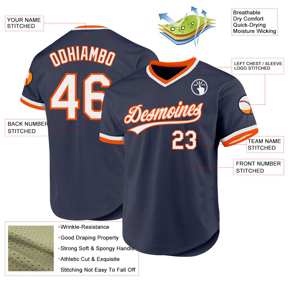 Custom Navy White-Orange Authentic Throwback Baseball Jersey - Sky-Custom