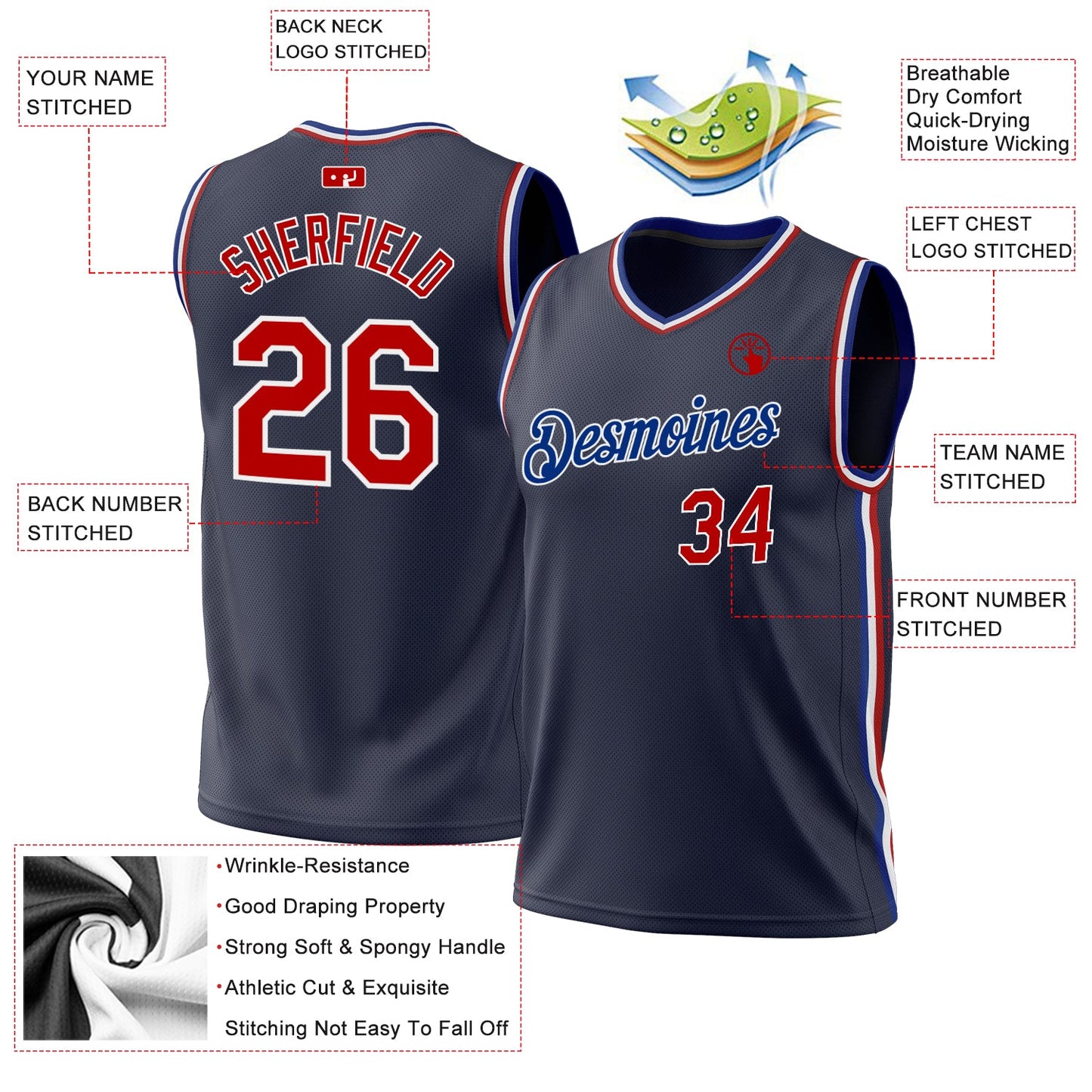 Custom Navy Red-Royal Authentic Throwback Basketball Jersey - Sky-Custom