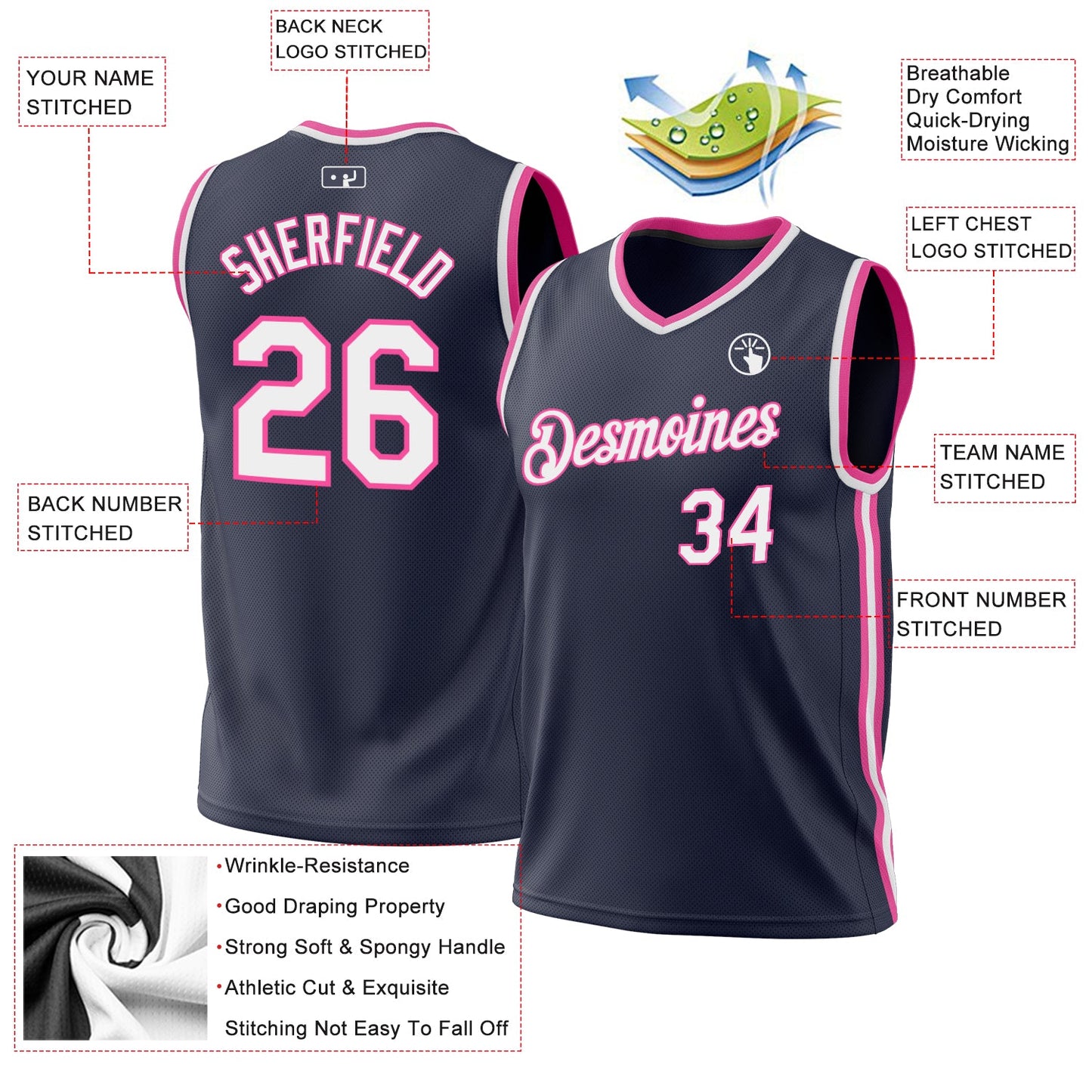 Custom Navy White-Pink Authentic Throwback Basketball Jersey - Sky-Custom