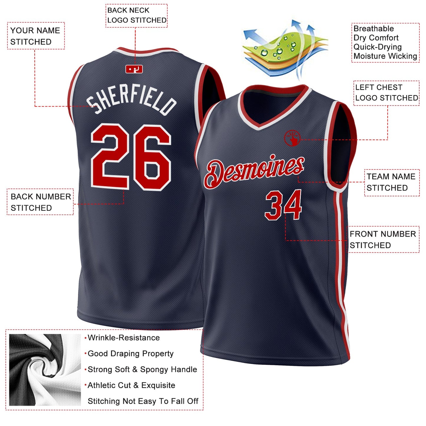 Custom Navy Red-White Authentic Throwback Basketball Jersey - Sky-Custom